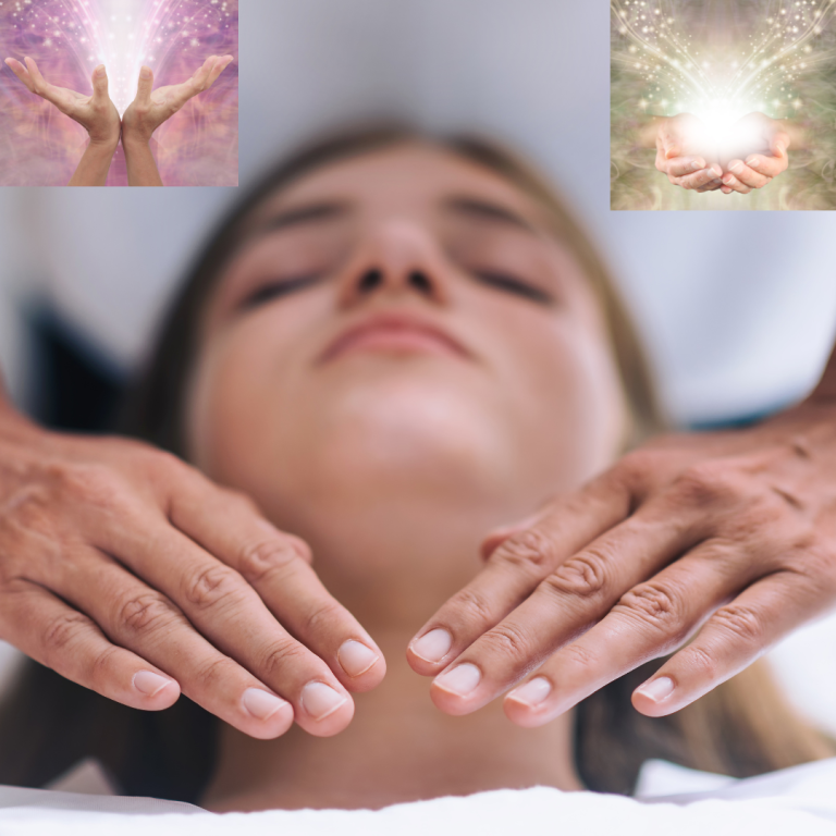 Séance de Reiki et soins énergétiques par Zafer Unluturk Femme recevant un soin énergétique, mains posées sur son visage, lumière émanant.