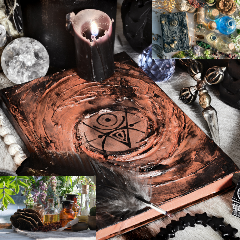 Rituels magiques par Zafer Unluturk Cercle mystique gravé sur un livre, entouré de bougie et objets ésotériques.